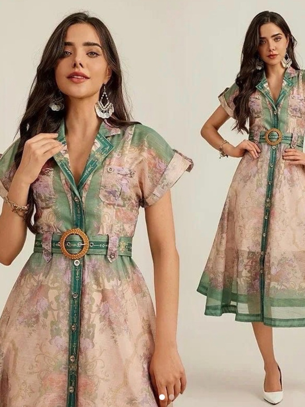 Pretty Persuasions Green and Blush Floral Midi Shirt Dress - Belt not included